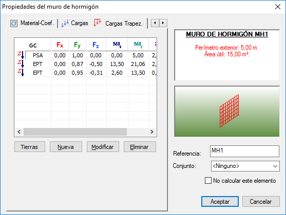 Cargas trapezoidales que solicitan el muro